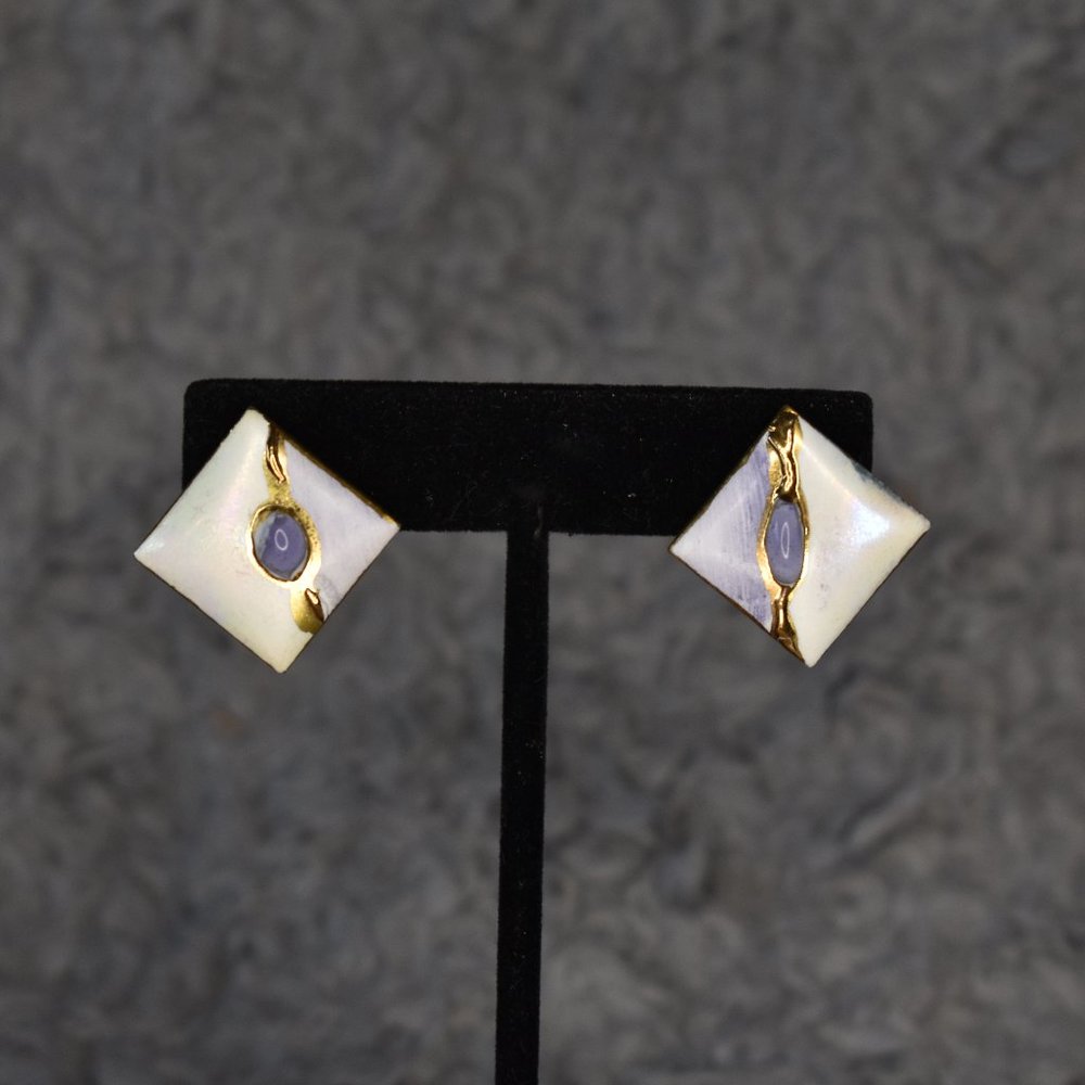 NWT Vintage Jaroszek Purple, White, and Gold Tile Stud Earrings